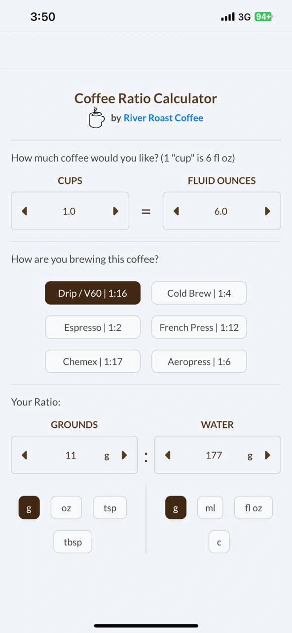 Coffee Ratio Calculator Screenshot